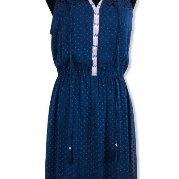 Daniel Rainn Navy Swiss Dot Keyhole Sleeveless Ribbon Trim Maxi Dress size M - Picture 4 of 16